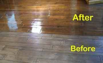 Hardwood flooring showing the dull before area and the restored glossy after area